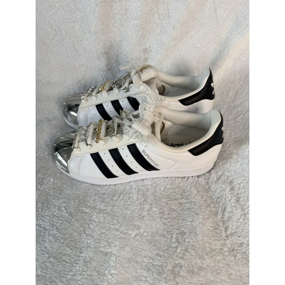 adidas Superstar Customized Women’s Sneakers White Black Metallic Silver Logo